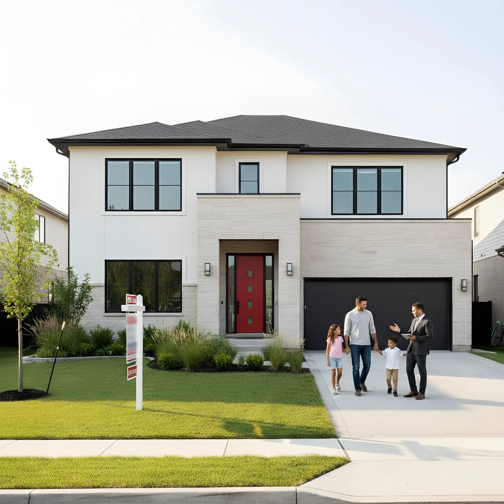 House California real estate with two floors, big windows, a red door, green grass, and a family walking on the driveway with a for sale sign.