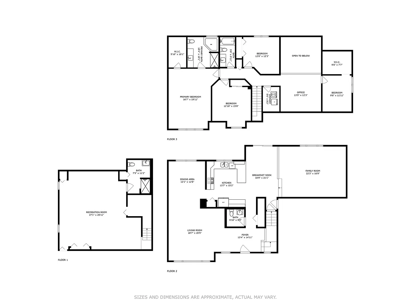 Three-level house floor plan with bedrooms, bathrooms, living areas, and room dimensions.