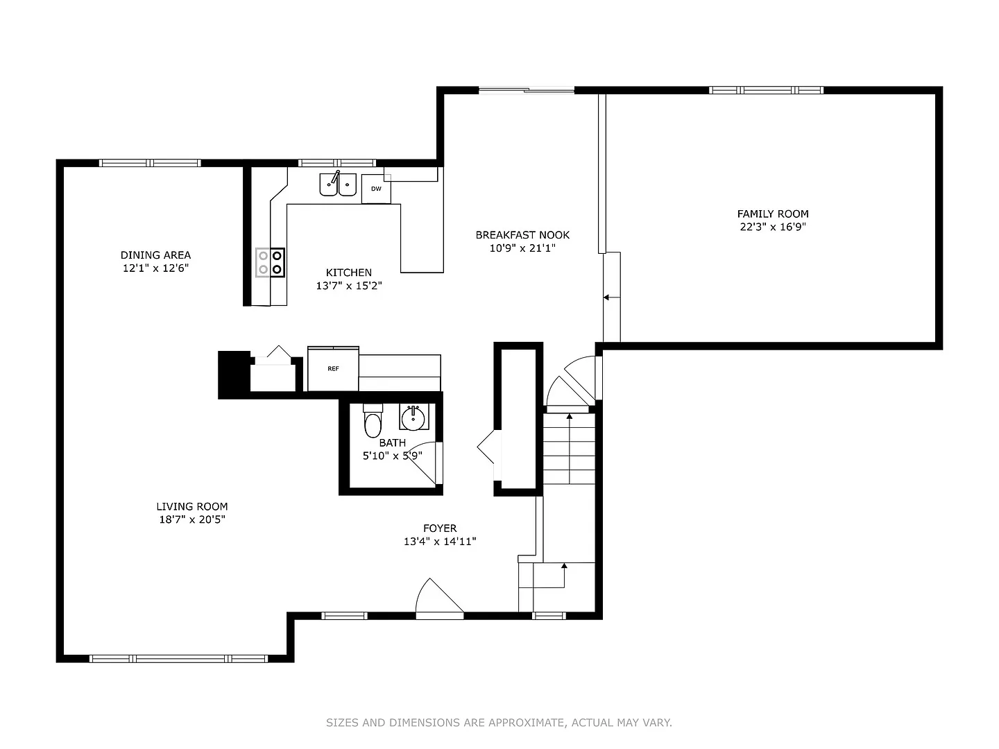 House floor plan with dining area, kitchen, family room, living room, foyer, and bathroom.