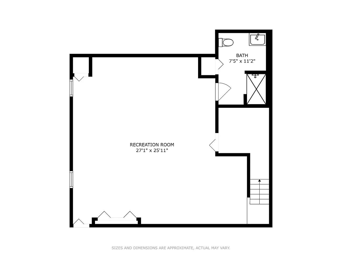 Floor plan with recreation room, bath area, stairs, and room measurements.