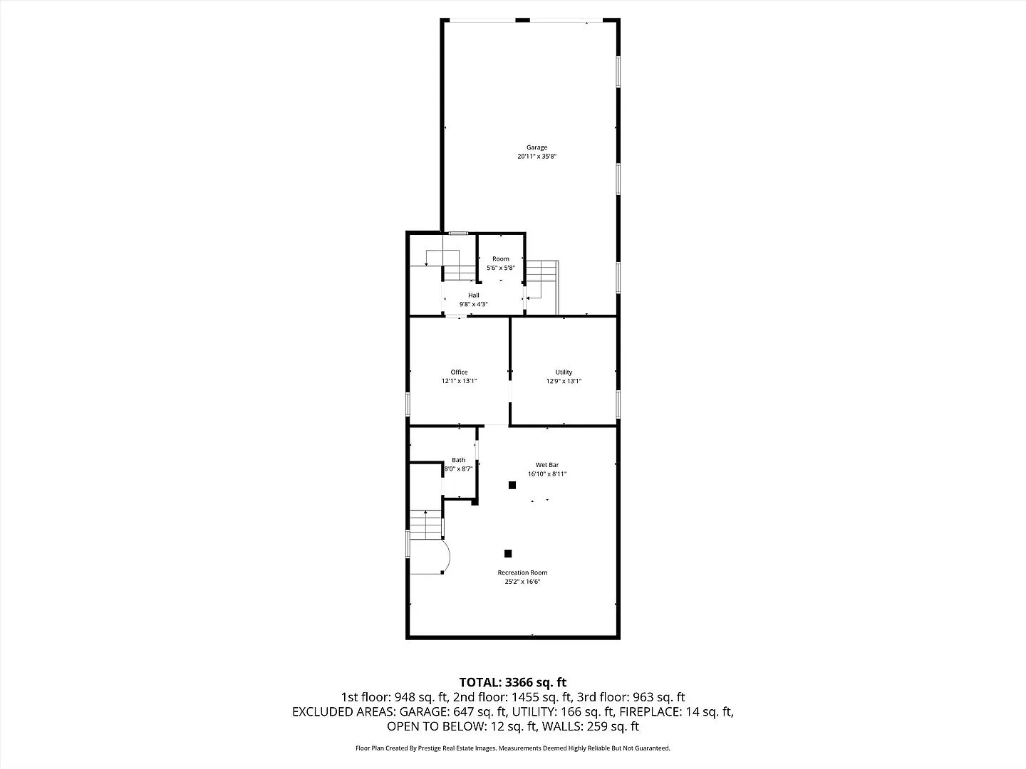Three-level house floor plan with garage, storage, office, utility room, bathroom, and recreation room.