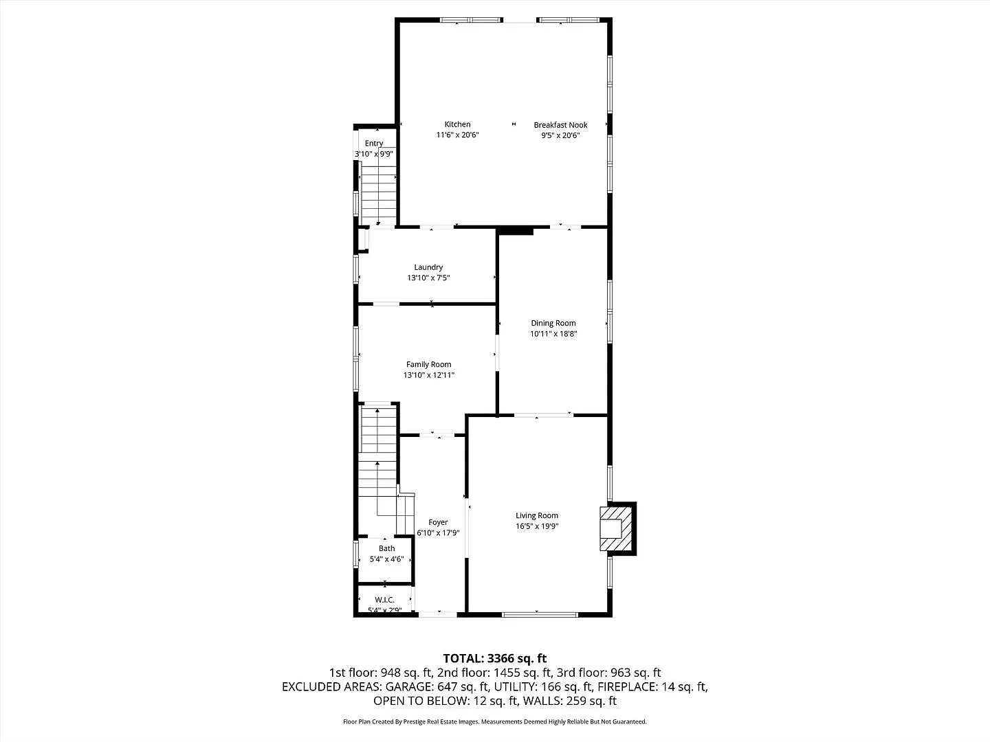 House floor plan with kitchen, dining, living room, laundry, entry, and 3,366 sq ft layout.