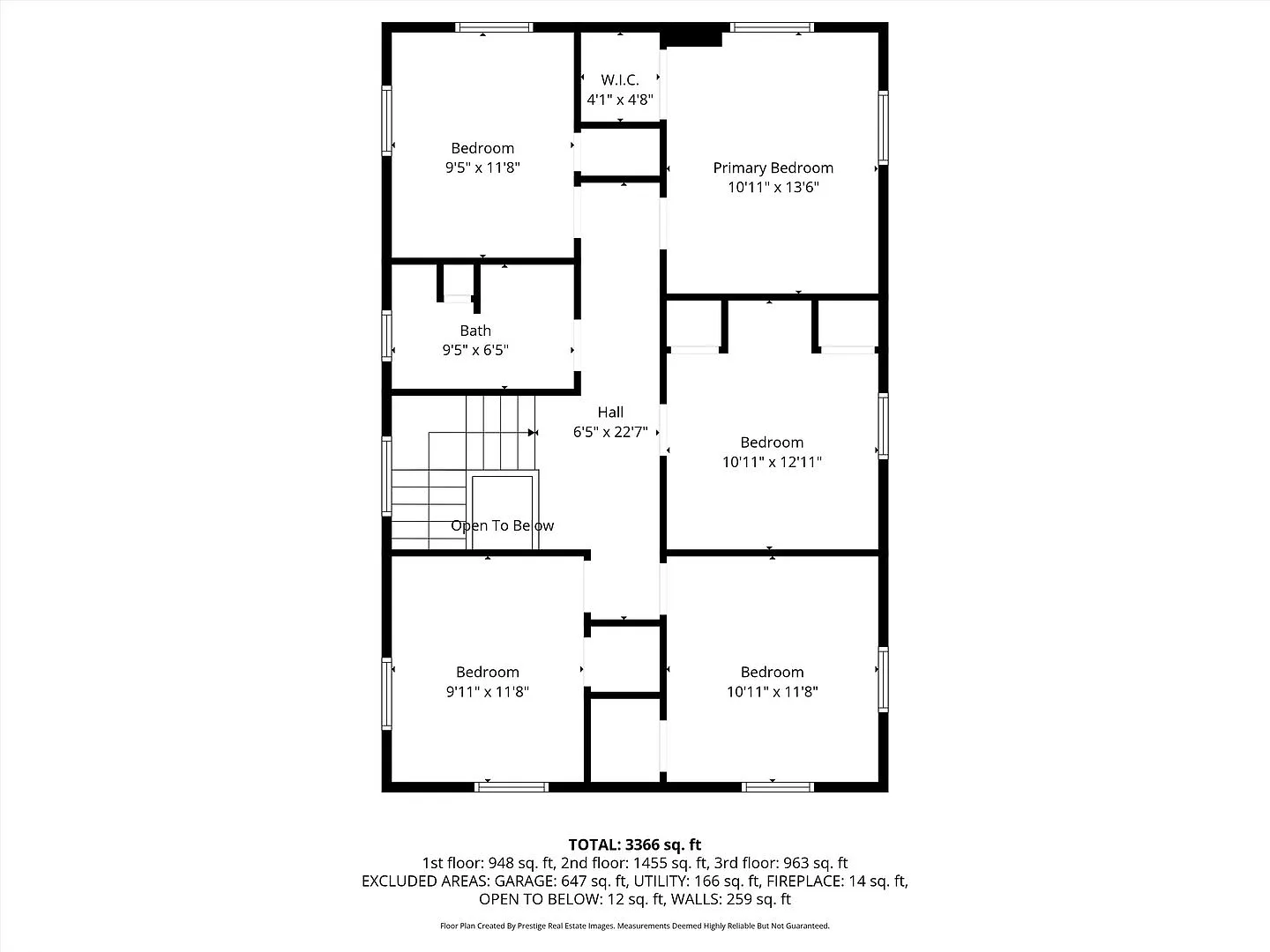 House floor plan with 6 bedrooms, bathroom, hall, room dimensions, and 3,366 sq ft total area.
