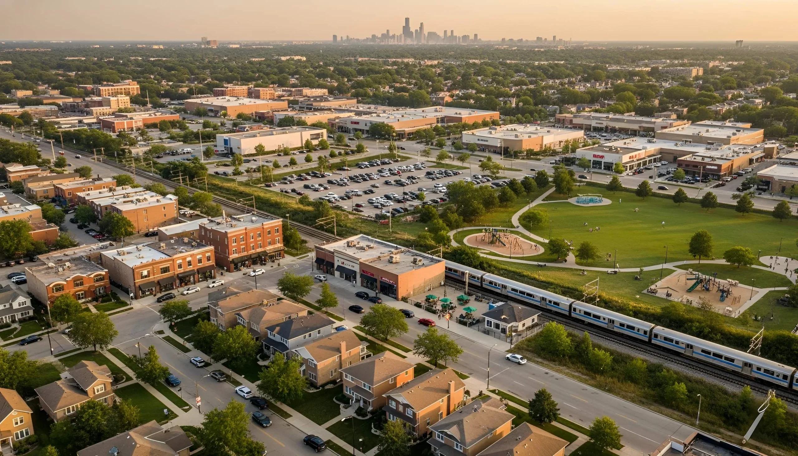Aerial view of suburban area with homes, businesses, train track, and city skyline.