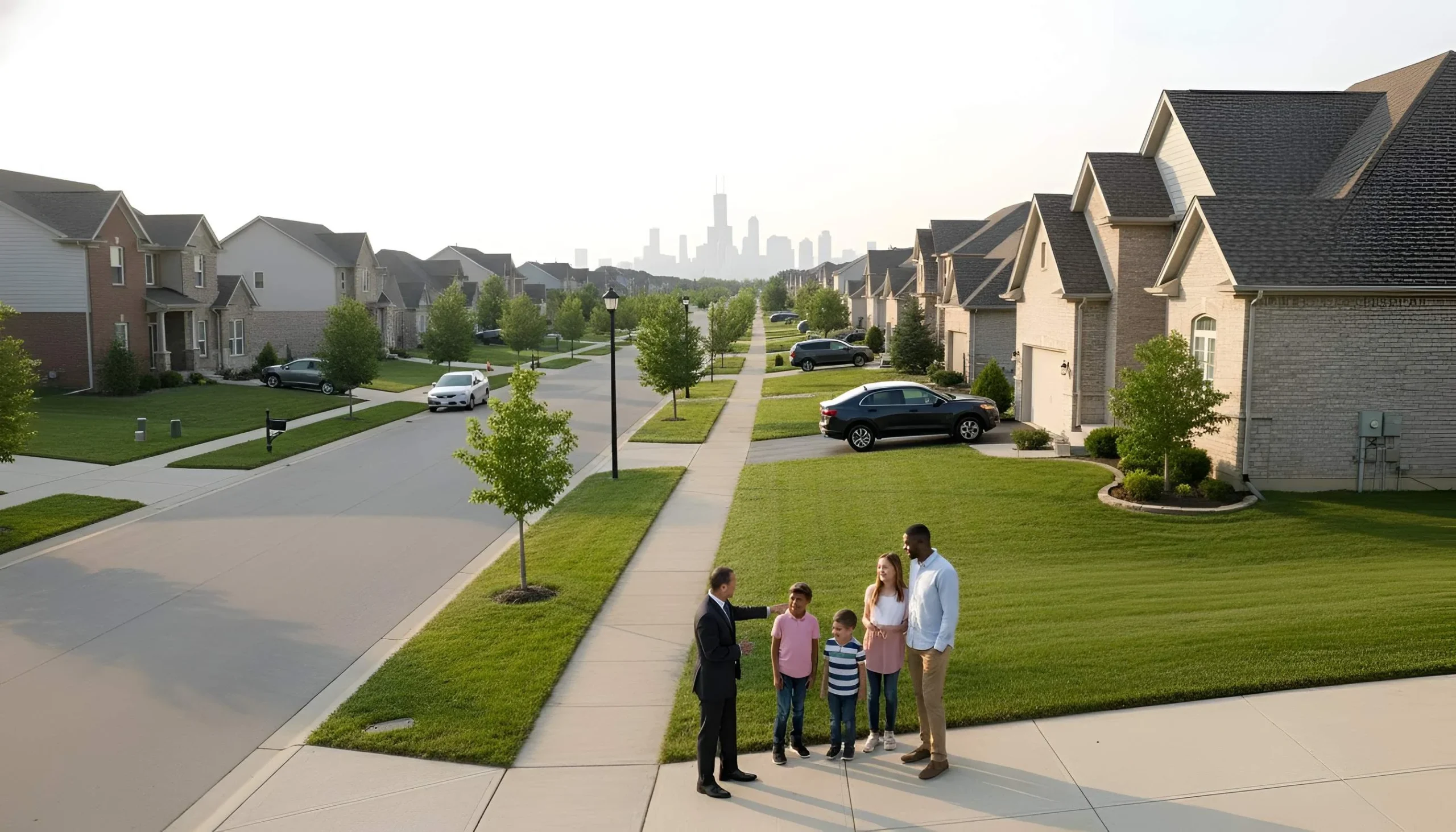 Suburban neighborhood with houses, green lawn, family on sidewalk, and city skyline.