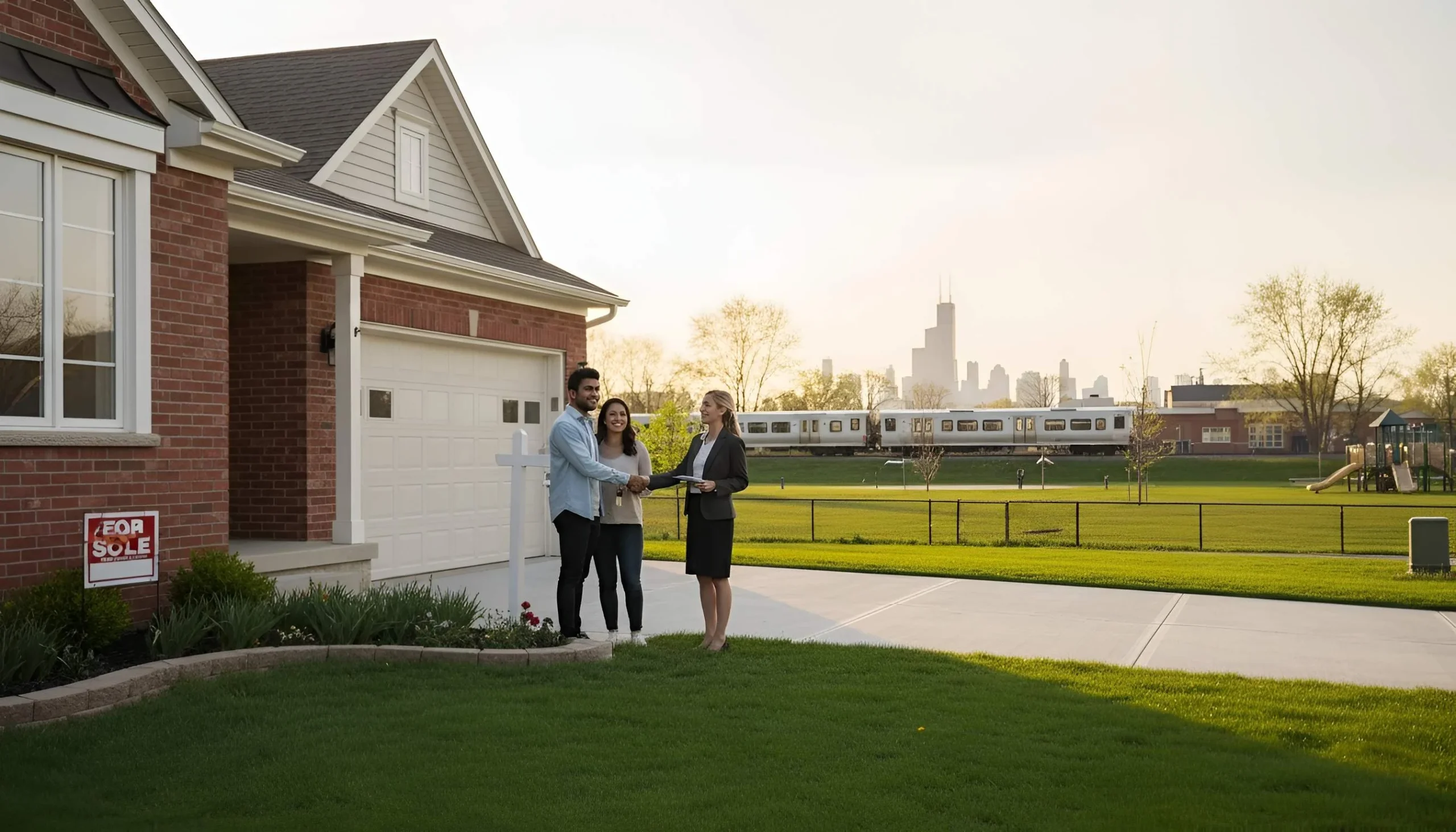 Couple with real estate agent outside house with for-sale sign and city skyline.