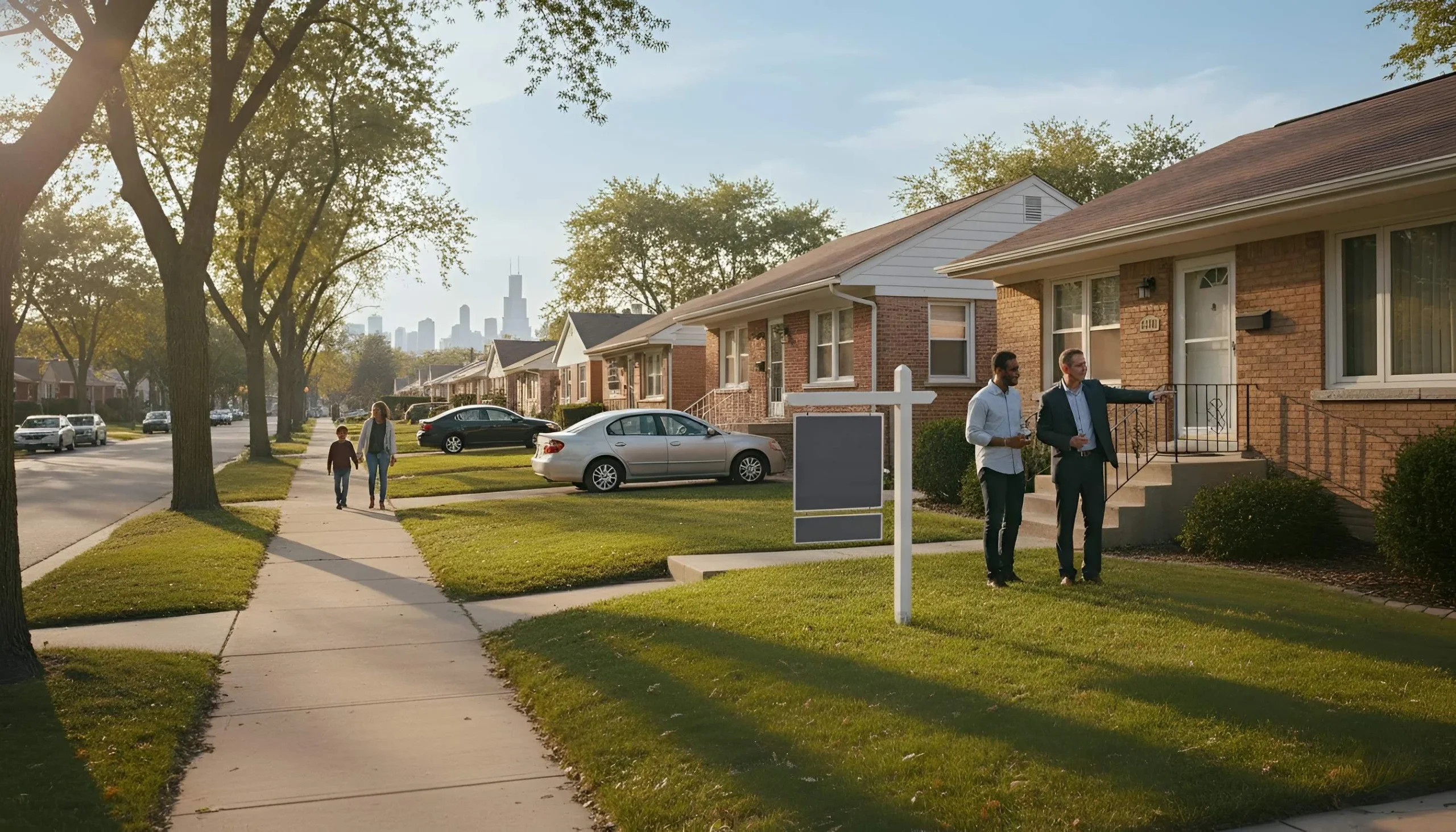 Suburban neighborhood with houses, for-sale sign, people on sidewalk, and trees.