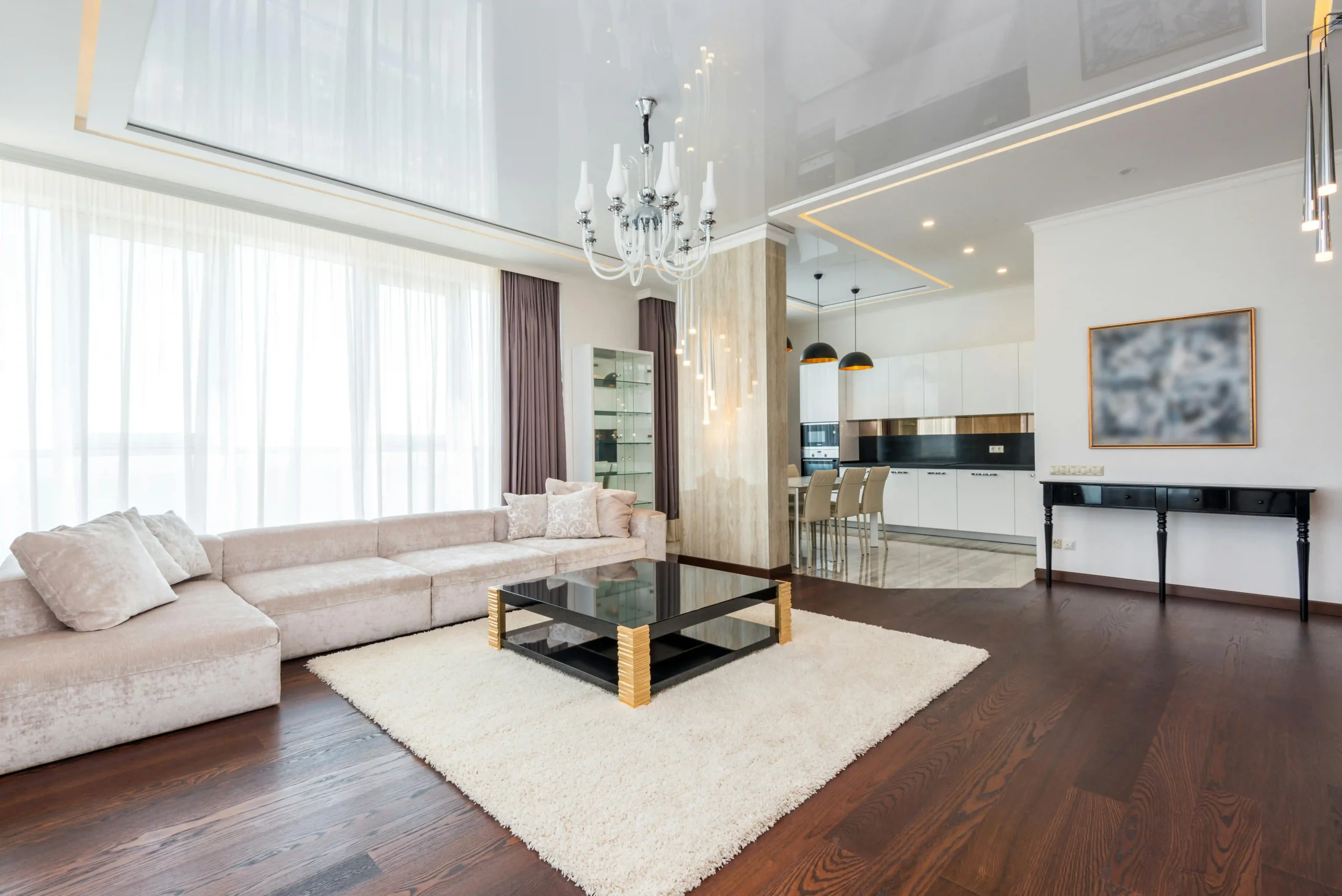 interior luxury living room with a square glass table
