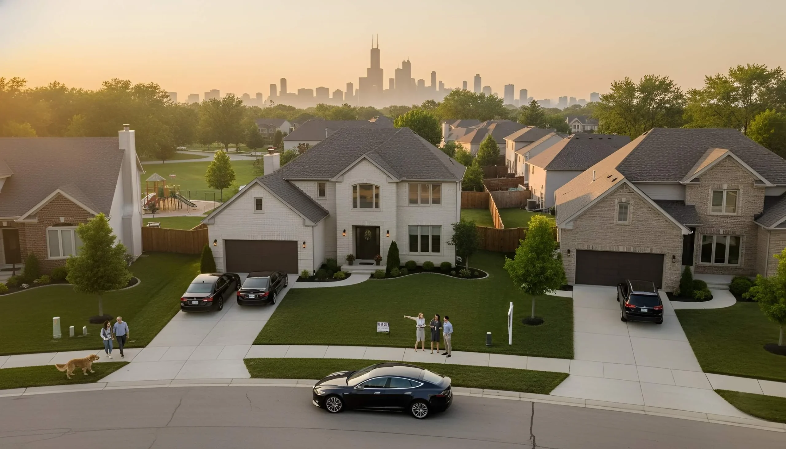 Aerial view of suburban homes with distant skyline at sunset.