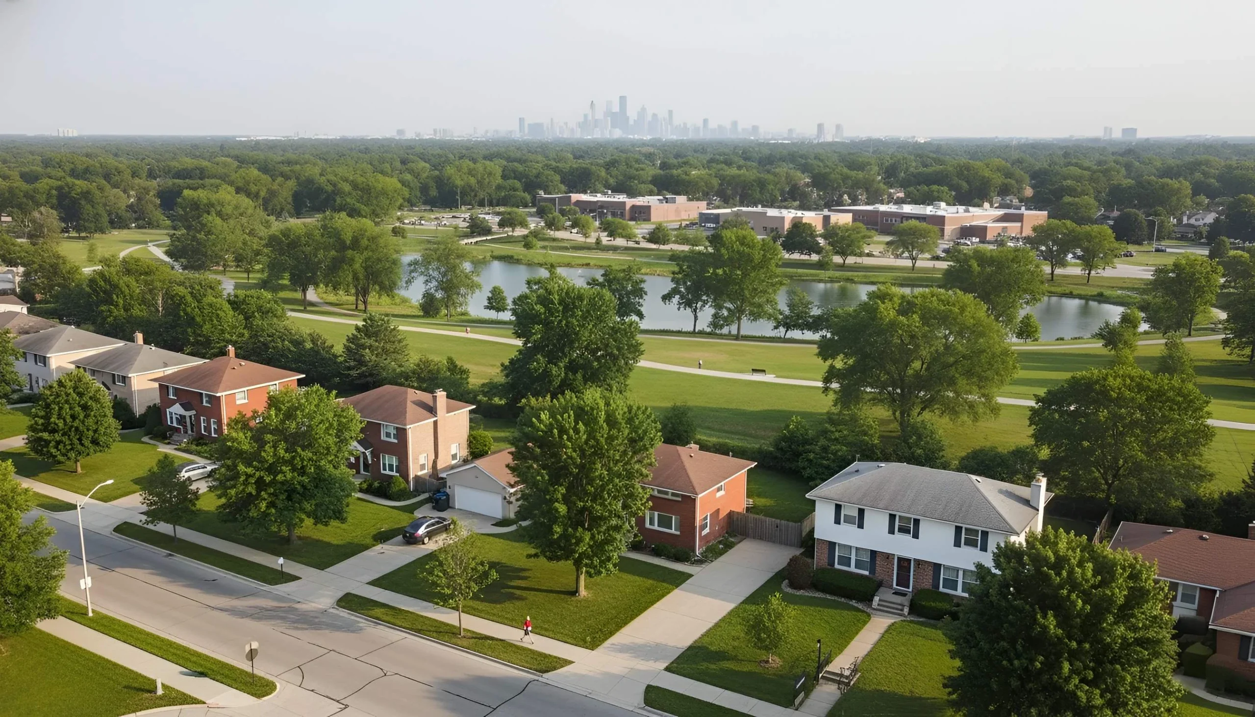 Aerial view of suburban neighborhood with houses, park, pond, and city skyline.
