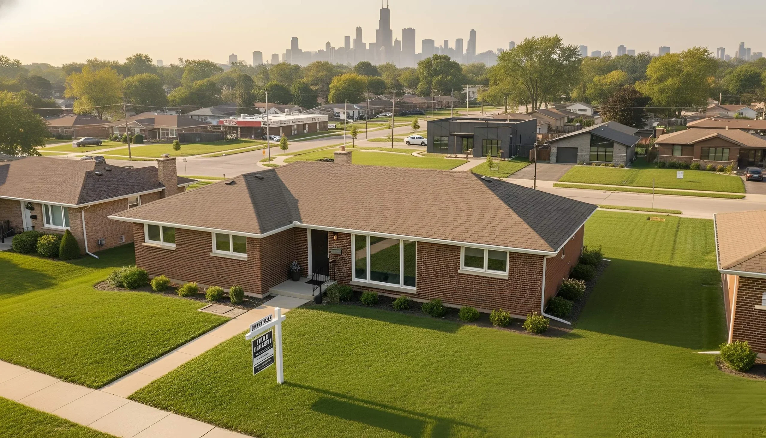 Aerial view of suburban home with lawn, for-sale sign, and city skyline.