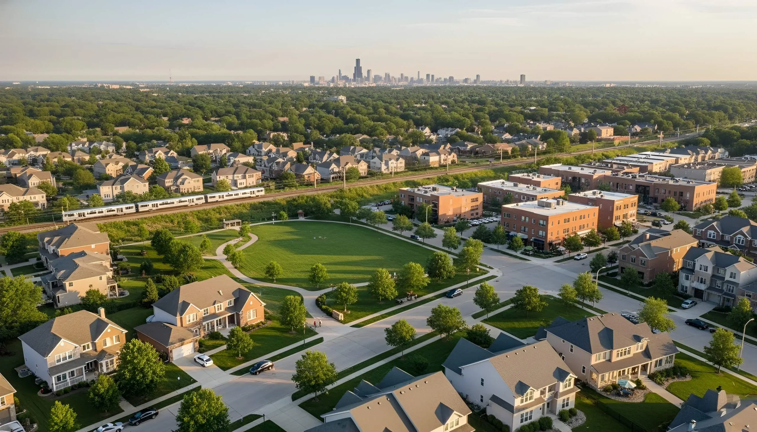 Aerial view of suburban neighborhood with houses, parks, and city skyline.