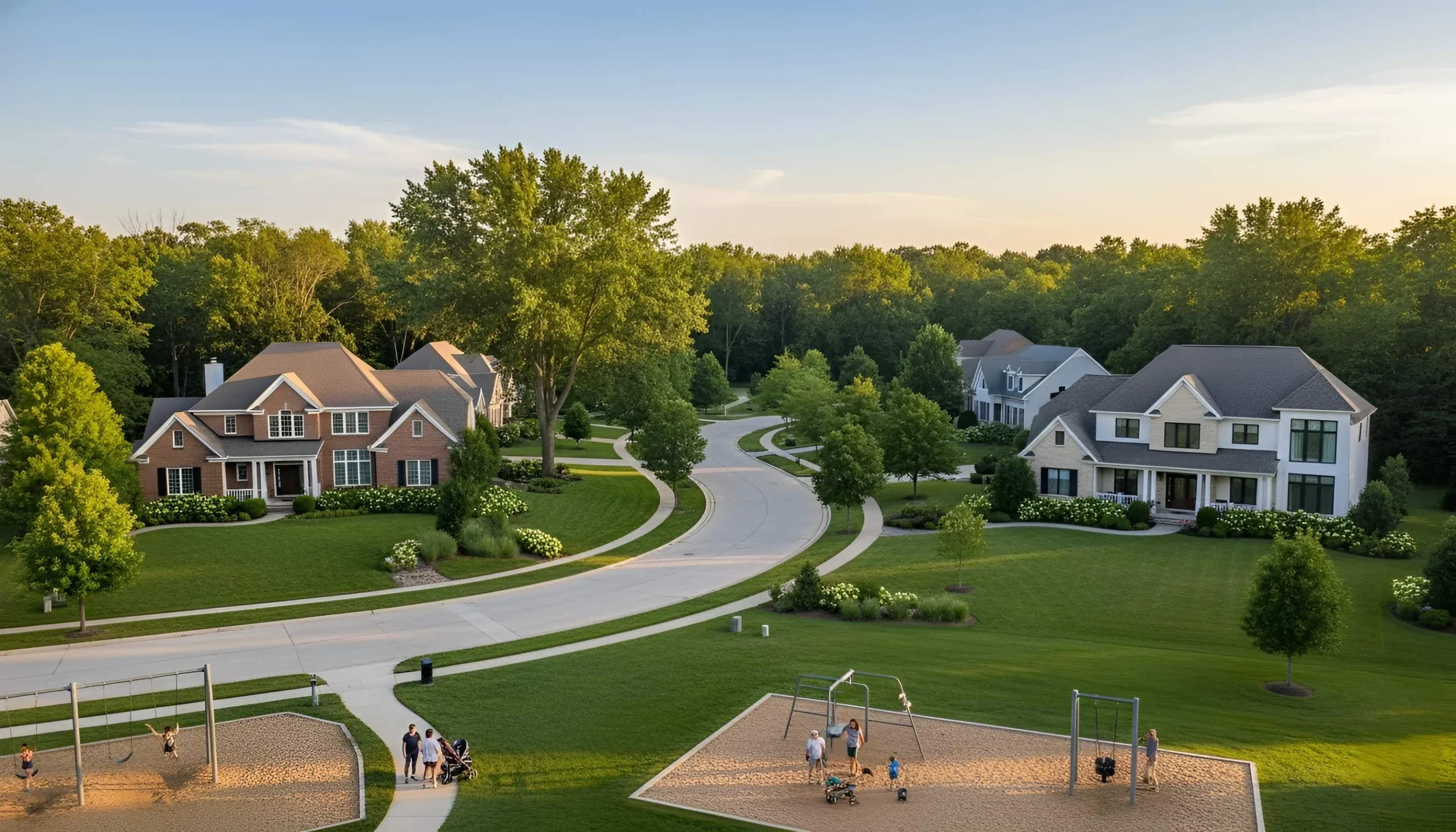 Aerial view of suburban neighborhood with houses, lawns, tree-lined streets, and playground.