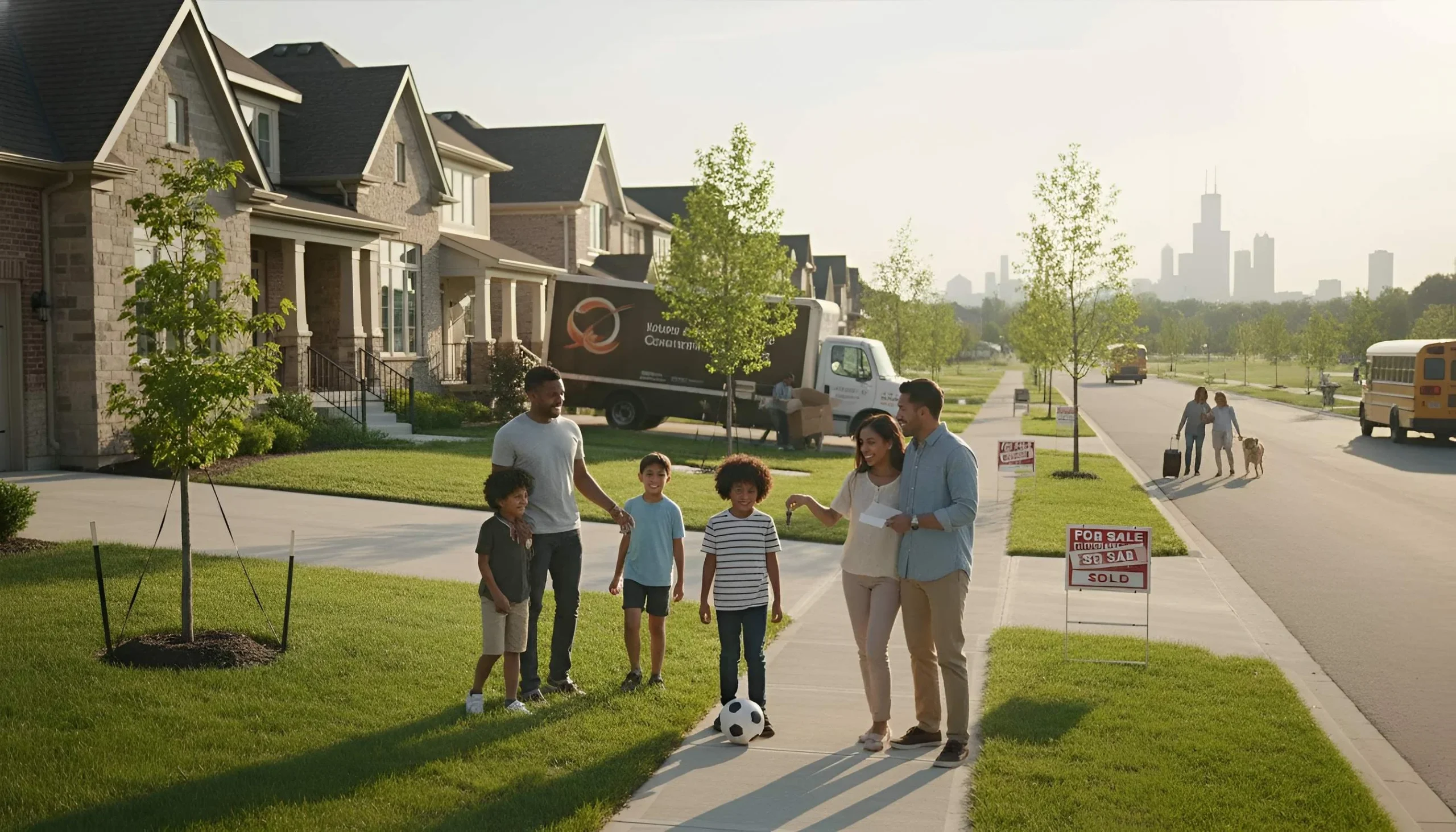 Family in suburban neighborhood with houses, trees, soccer ball, and for-sale signs.